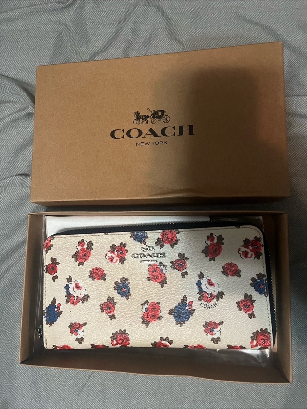 COACH Cream Floral Zip Wallet with Red & Blue Flowers